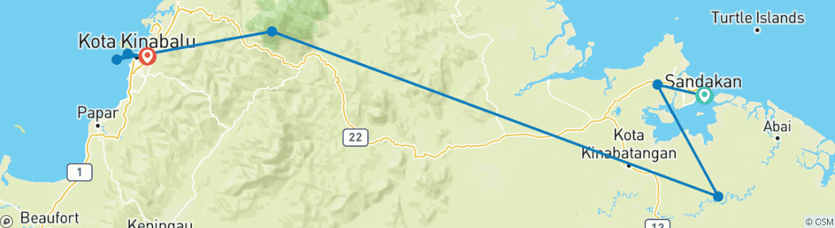Image of a map showing the route of the tour