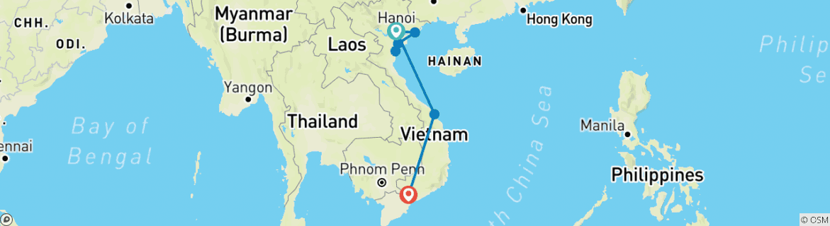 Image of a map showing the route of the tour