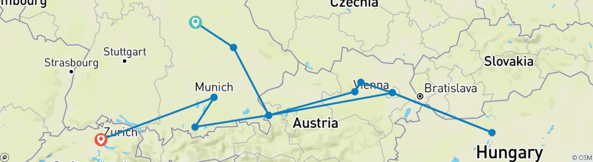 Image of a map showing the route of the tour