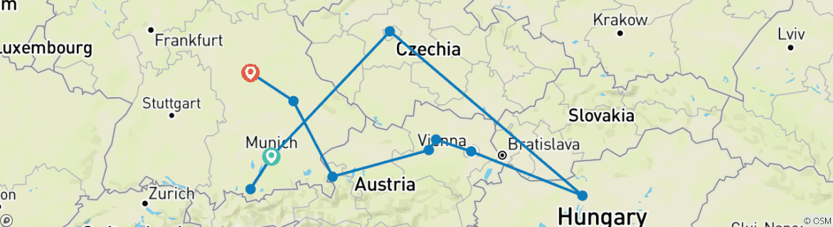 Image of a map showing the route of the tour