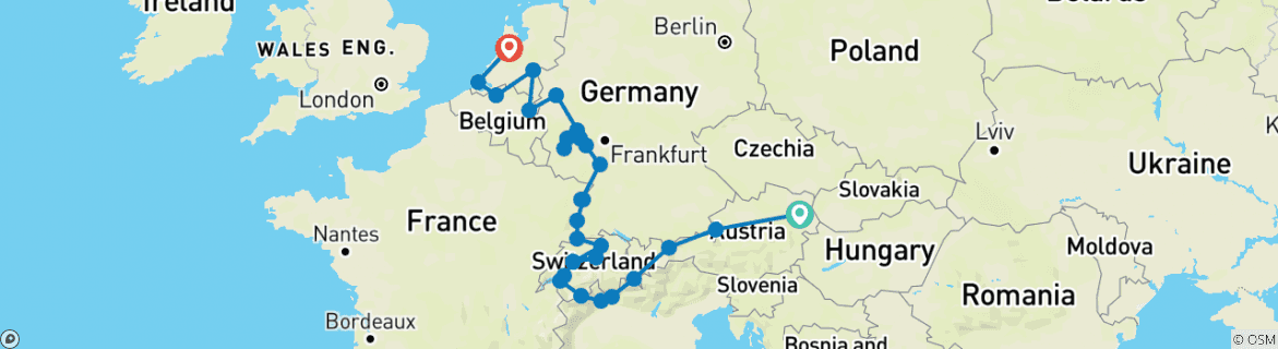 Image of a map showing the route of the tour