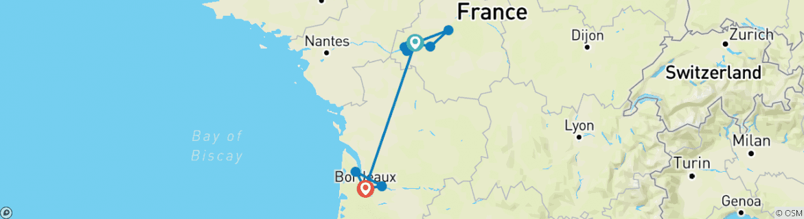 Image of a map showing the route of the tour