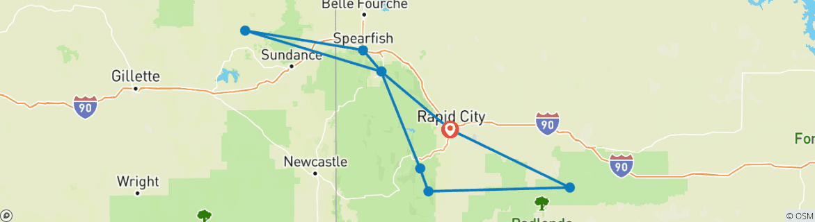 Image of a map showing the route of the tour