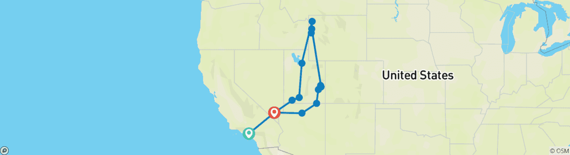 Image of a map showing the route of the tour