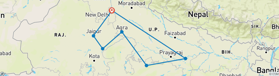 Image of a map showing the route of the tour