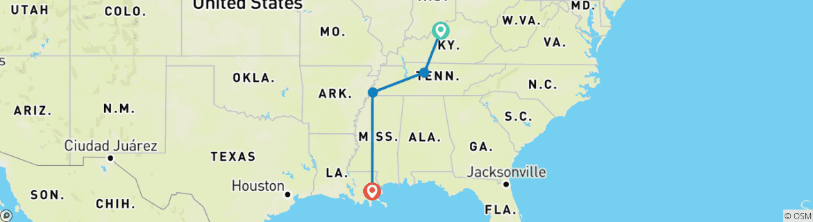 Image of a map showing the route of the tour