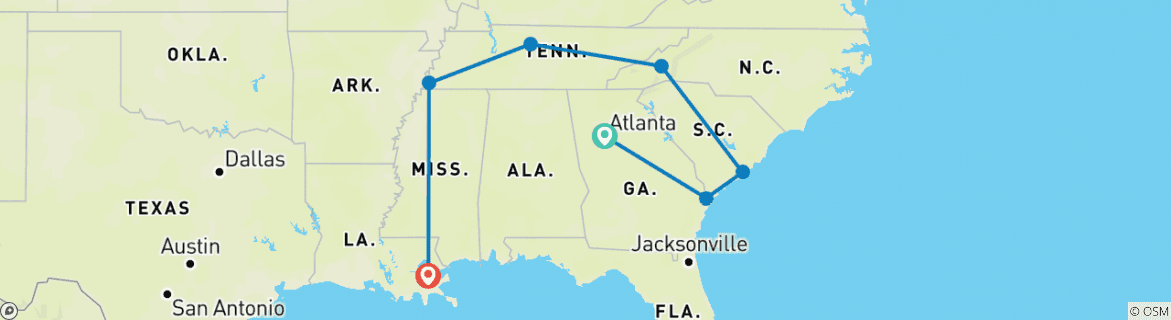 Image of a map showing the route of the tour
