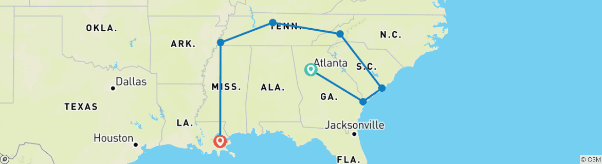 Image of a map showing the route of the tour