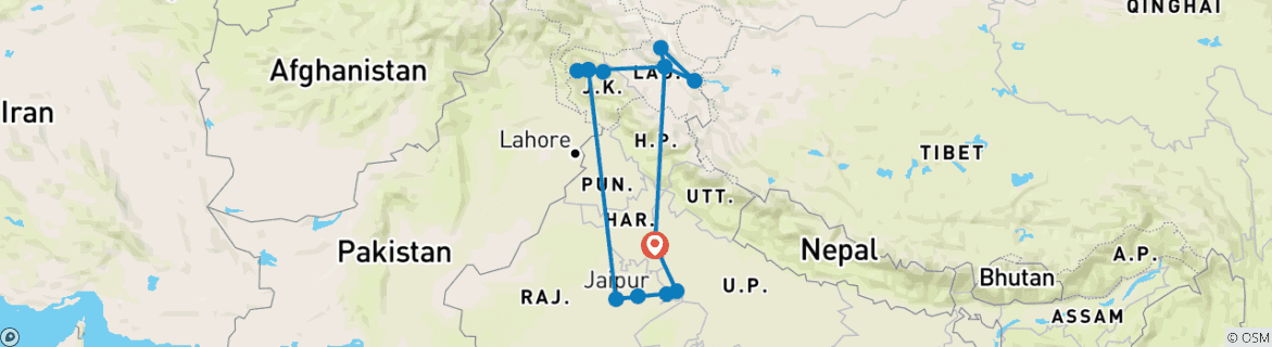 Image of a map showing the route of the tour