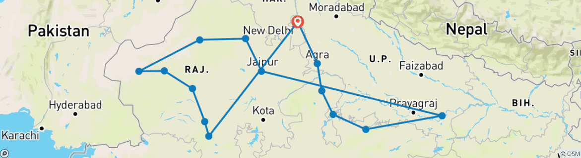 Image of a map showing the route of the tour