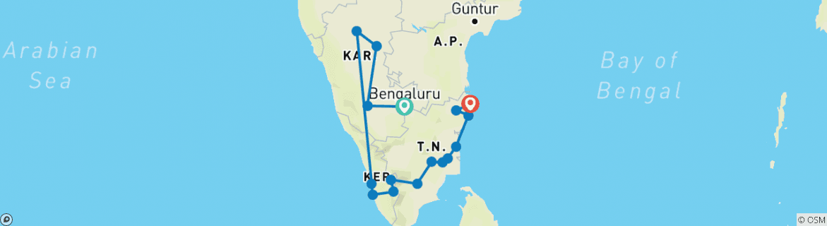 Image of a map showing the route of the tour