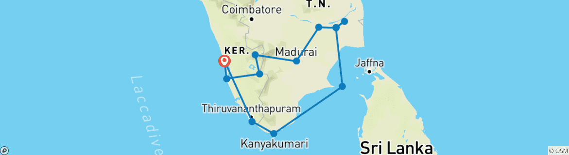 Image of a map showing the route of the tour