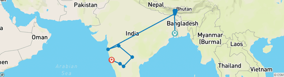 Image of a map showing the route of the tour