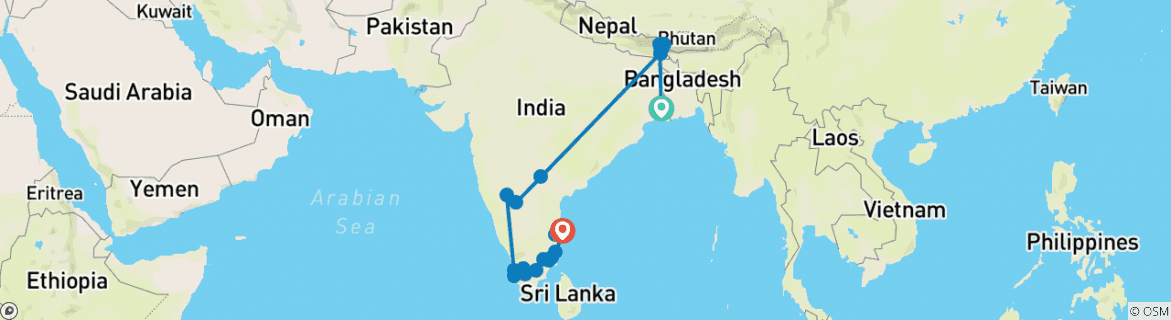 Image of a map showing the route of the tour