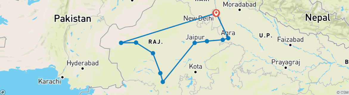 Image of a map showing the route of the tour