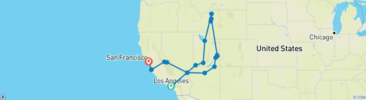 Image of a map showing the route of the tour