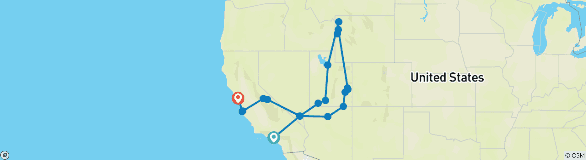 Image of a map showing the route of the tour
