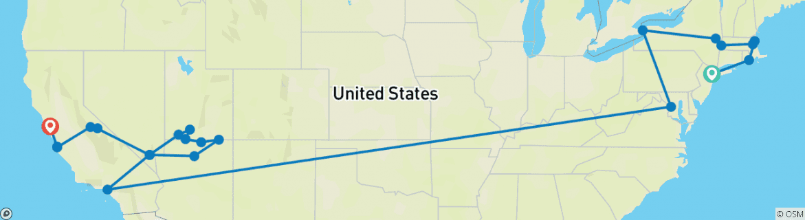 Image of a map showing the route of the tour