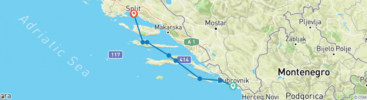 Image of a map showing the route of the tour