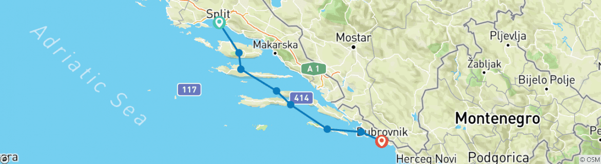 Image of a map showing the route of the tour