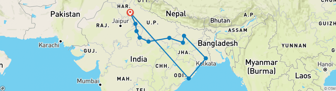 Image of a map showing the route of the tour
