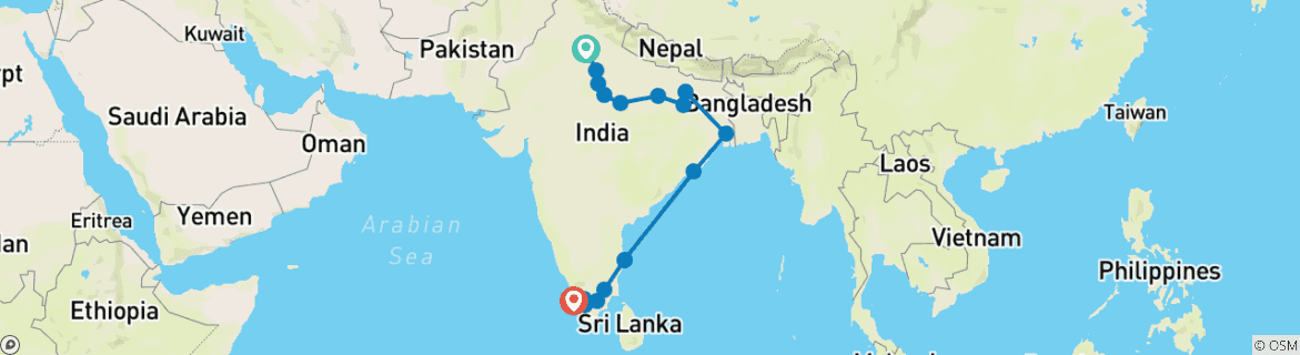 Image of a map showing the route of the tour