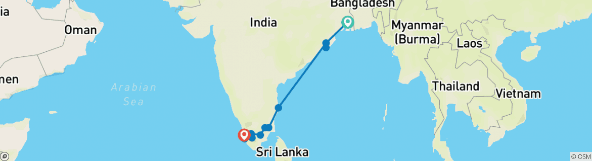 Image of a map showing the route of the tour