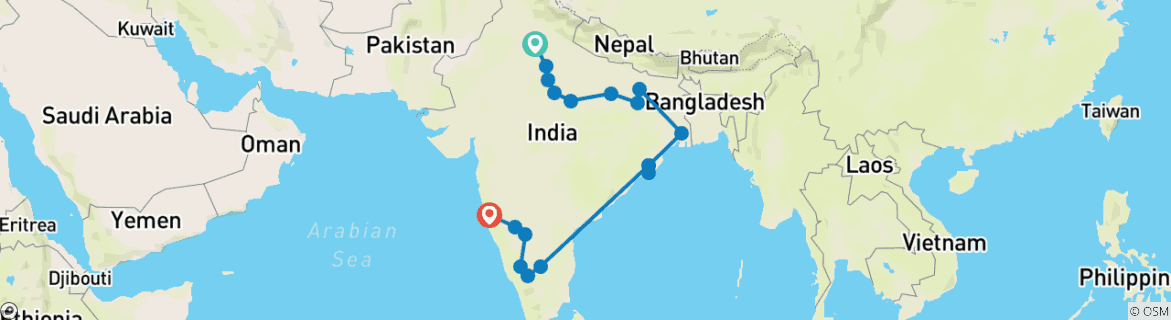 Image of a map showing the route of the tour