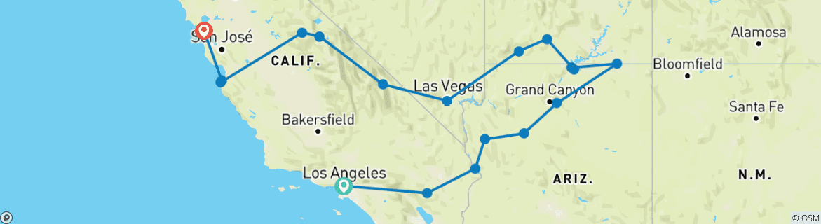 Image of a map showing the route of the tour