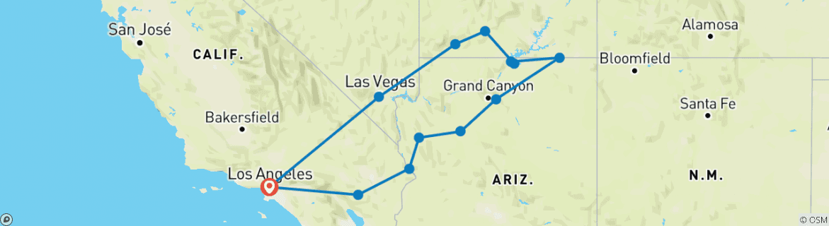 Image of a map showing the route of the tour
