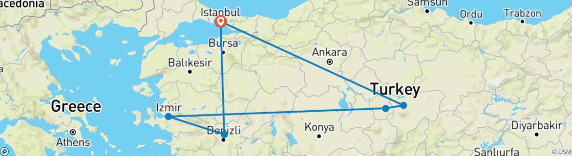 Image of a map showing the route of the tour