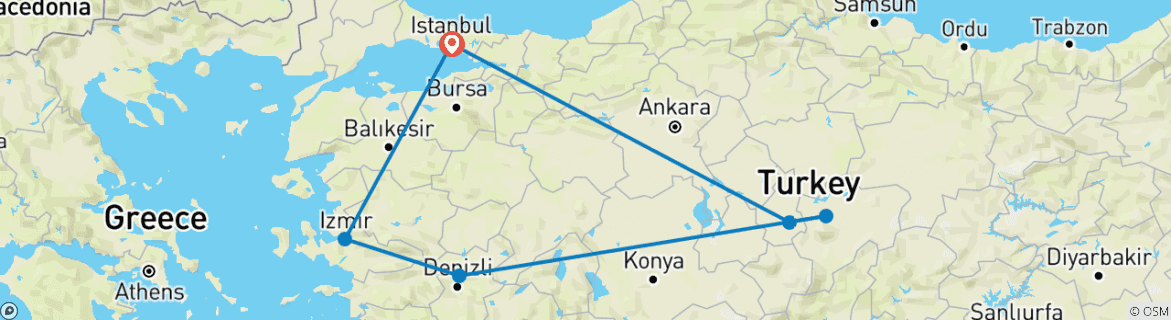 Image of a map showing the route of the tour