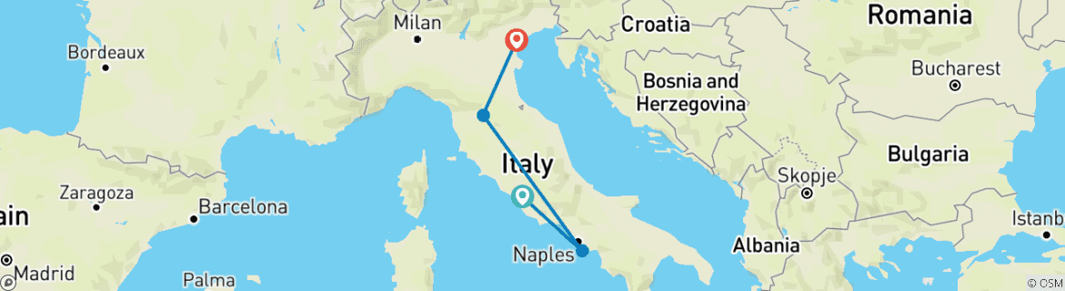 Image of a map showing the route of the tour