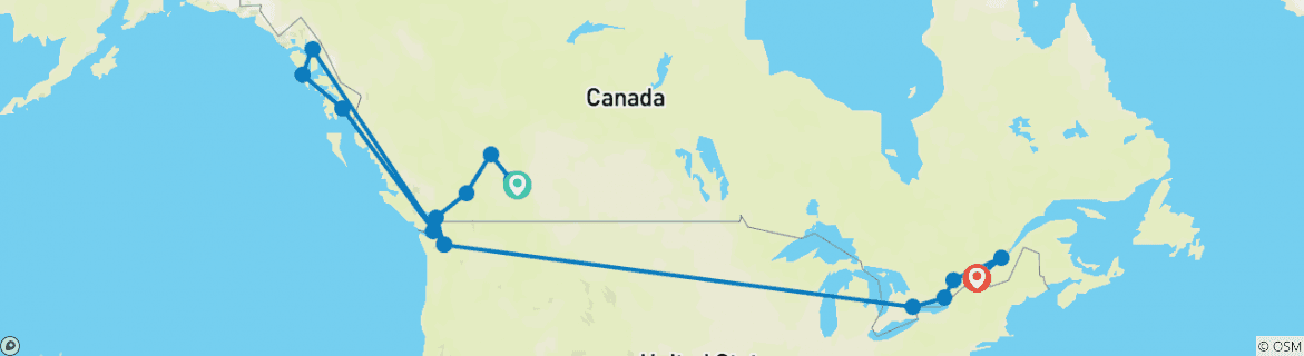 Image of a map showing the route of the tour