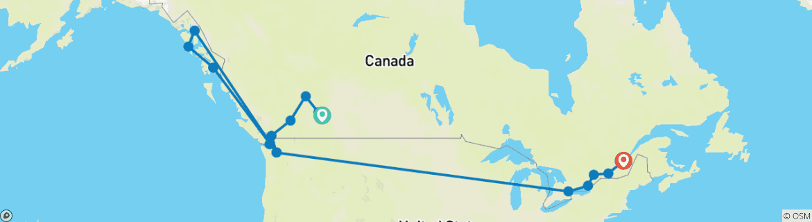 Image of a map showing the route of the tour