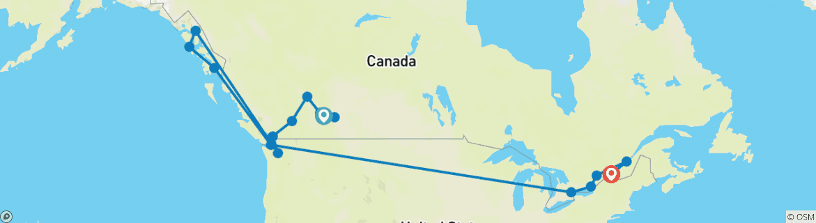 Image of a map showing the route of the tour