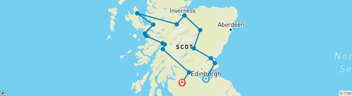 Image of a map showing the route of the tour