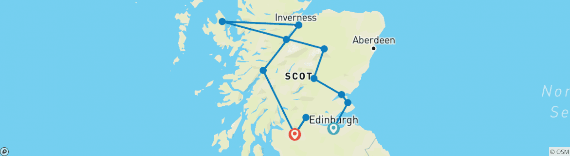 Image of a map showing the route of the tour