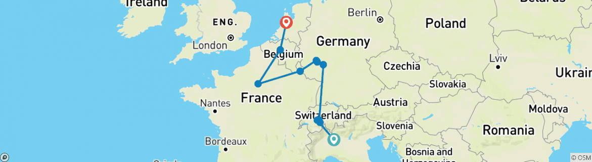 Image of a map showing the route of the tour