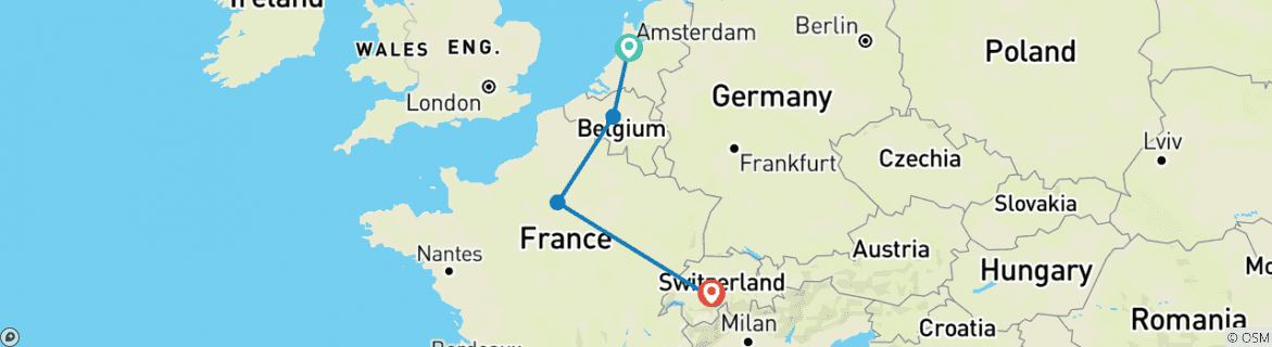 Image of a map showing the route of the tour