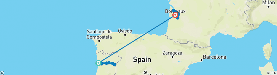 Image of a map showing the route of the tour