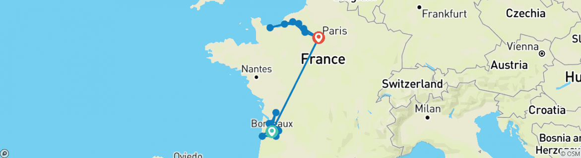 Image of a map showing the route of the tour