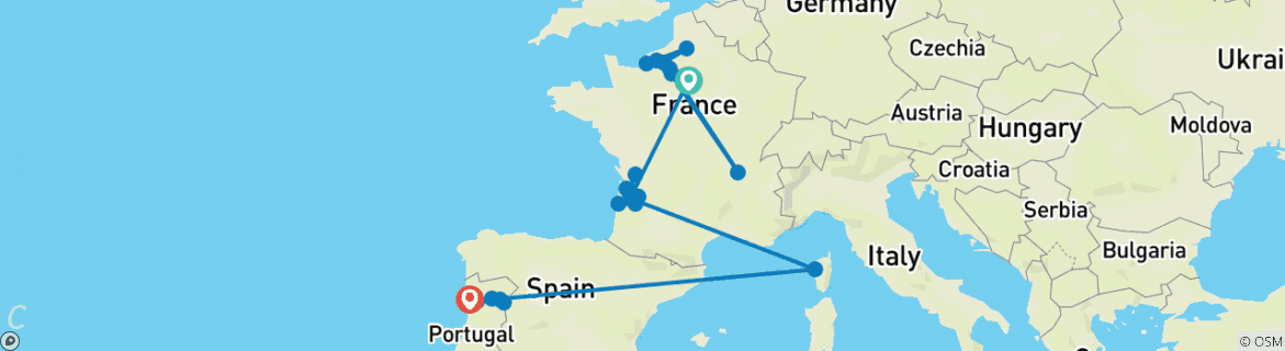 Image of a map showing the route of the tour