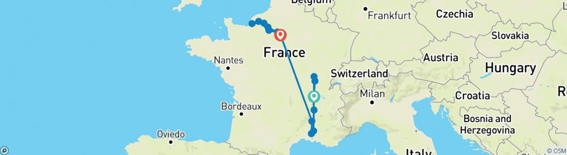 Image of a map showing the route of the tour