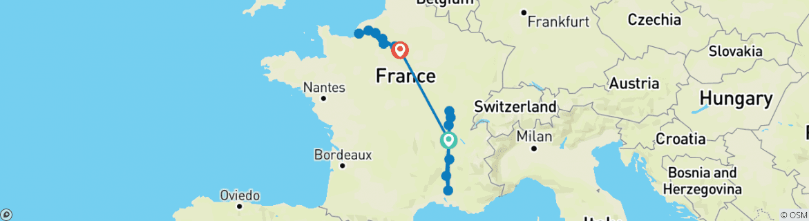 Image of a map showing the route of the tour