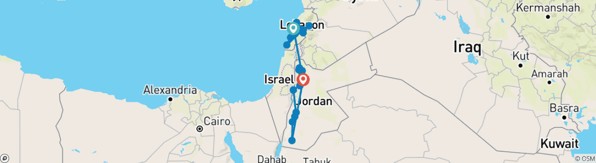 Image of a map showing the route of the tour