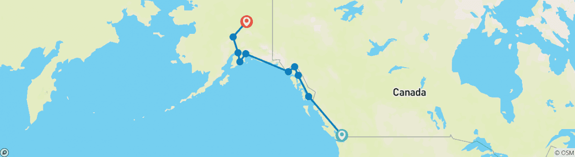 Image of a map showing the route of the tour