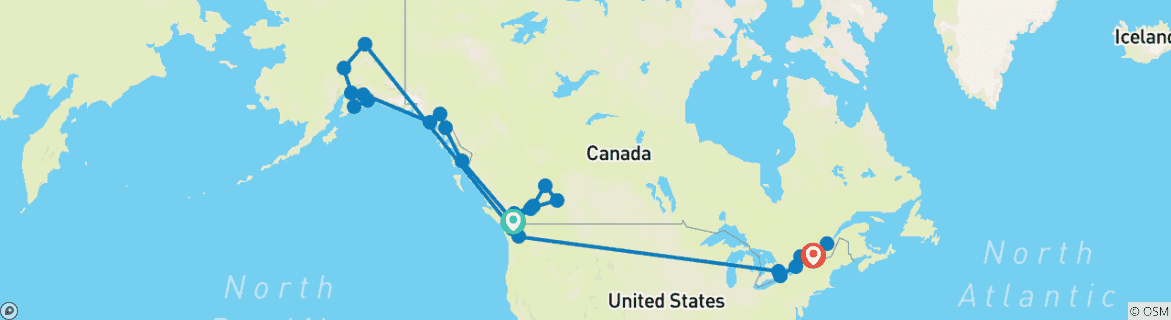 Image of a map showing the route of the tour