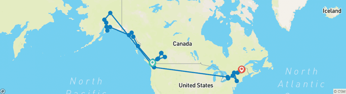 Image of a map showing the route of the tour