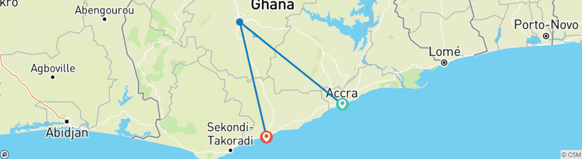 Image of a map showing the route of the tour